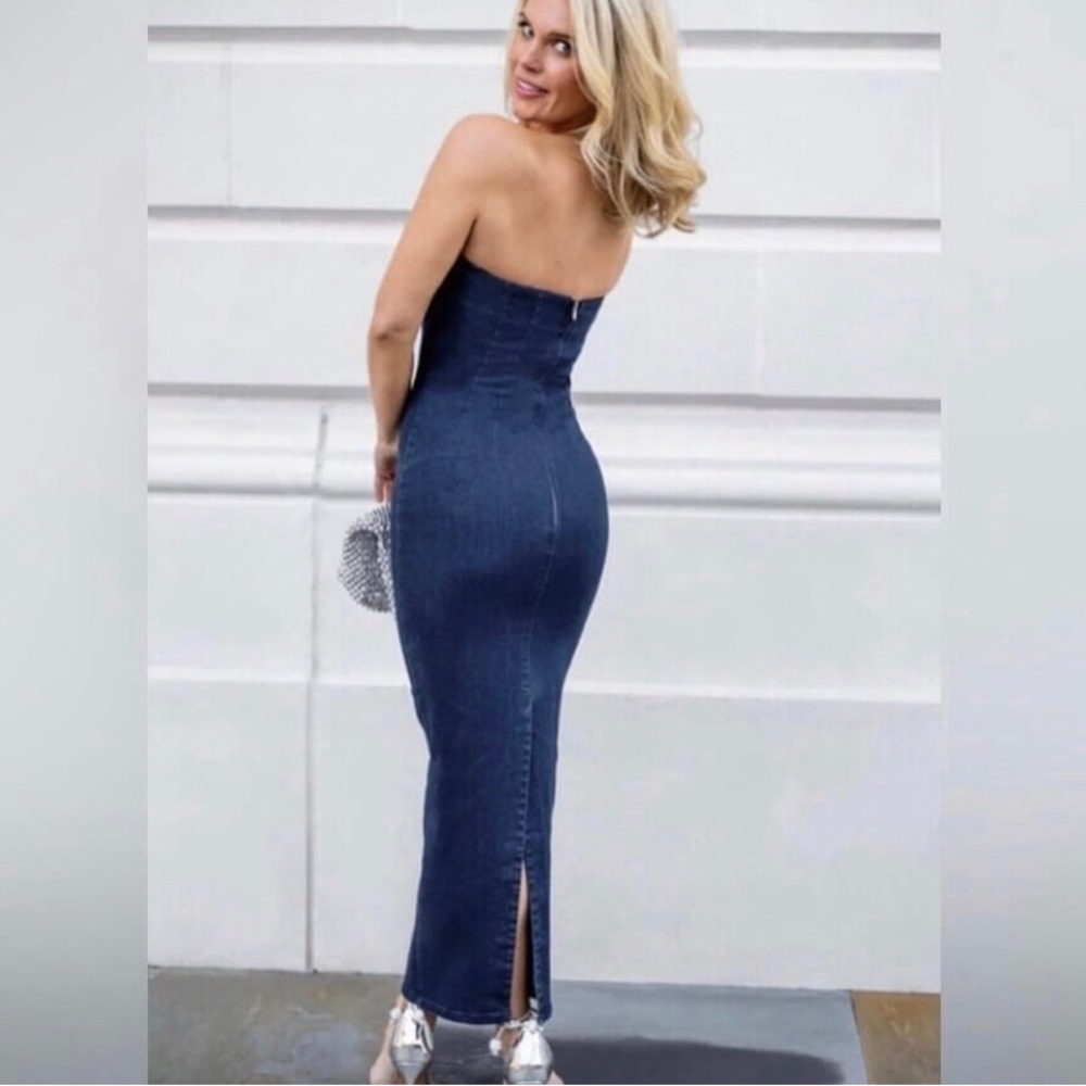 Denim Strapless fitted Dress w/rear zipper & split NEW L Madison LeCroy & VICI